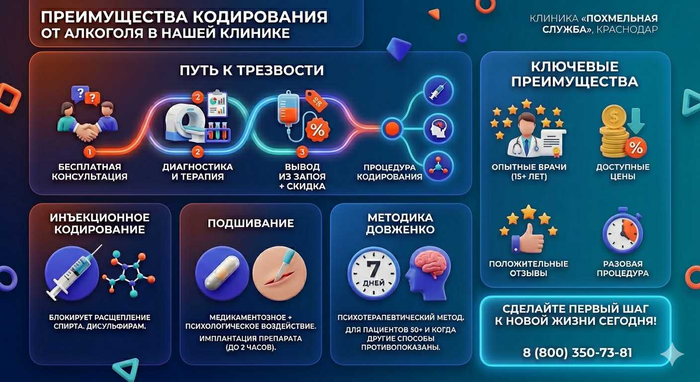 Инфографика о методах кодирования от алкоголя в Тучково: инъекции, подшивание, метод Довженко. Преимущества клиники и этапы лечения.
