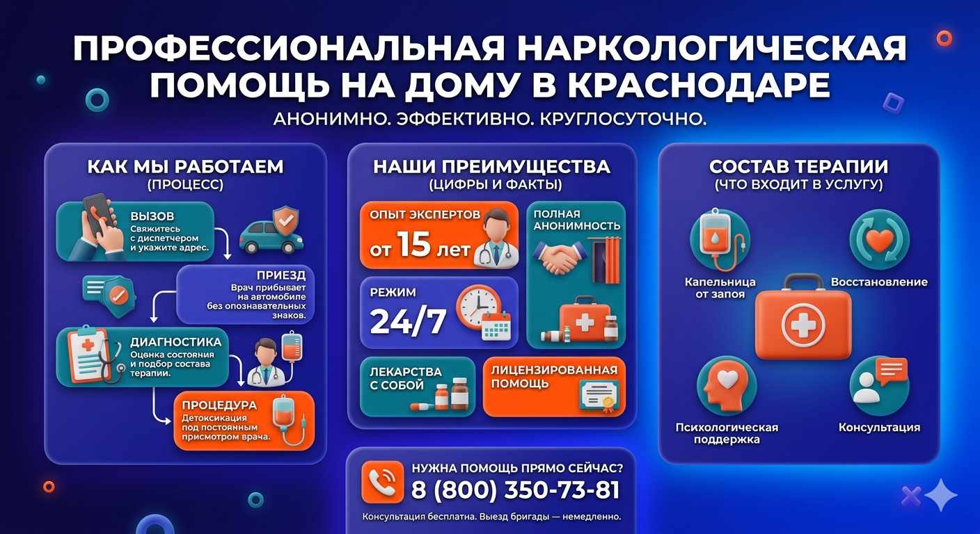 Инфографика о принципах лечения алкоголизма на дому в Тучково: этапы вызова нарколога, преимущества анонимной детоксикации и состав медицинской помощи.